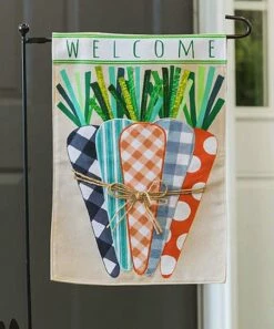 Coupon 💯 Evergreen Green & Orange 'Welcome' Gingham Carrots Outdoor Flag ⭐