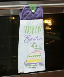 Deals 🌟 Evergreen White & Purple 'Hoppy Easter' Pot Holder Tea Towel 🧨