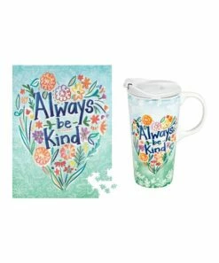 New 🌟 Evergreen Green & Orange 'Always Be Kind' 17-Oz. Travel Mug & Puzzle 😍