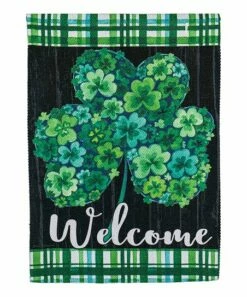 Hot Sale 🌟 Evergreen Green & Black Gingham Shamrock Flower Textured Outdoor Flag 😉