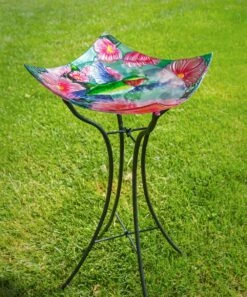 Best Sale ⌛ Evergreen Pink Floral Hummingbird Birdbath 🔔