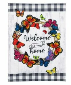 Outlet 😉 Evergreen White & Black Gingham Butterfly Wreath Outdoor Flag 👏