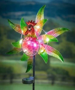 Cheap ⭐ Evergreen Red & Green Rooster Light-Up Solar Pinwheel Garden Stake ✔️