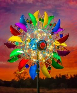 Best Pirce 💯 Evergreen Blue & Yellow Radiant Jewel Light-Up Solar Pinwheel Garden Stake 🔔