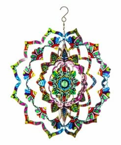New 🔔 Evergreen Blue & Pink Mandala Flower 3D Optical Illusion Hanging Wind Spinner ⌛