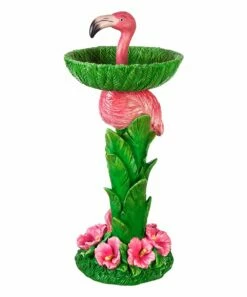 Promo 🛒 Evergreen Pink & Green Flamingo Pedestal Bird Bath 🔔 -Outlet Evergreen Shop zu104258023 main tm1648126341