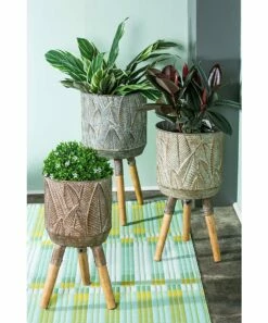 Flash Sale 😍 Evergreen Brown Embossed Leaf Wood-Leg Planter - Set Of Three 🥰 -Outlet Evergreen Shop zu104258037 alt 1 tm1648126341