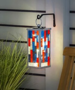 New 𧨠Evergreen Red & Blue Solar Americana Stained Glass Finish Lantern π