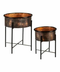 Cheapest ✔️ Evergreen Burnt Coppertone Ribbed Planter Stand Set ✔️