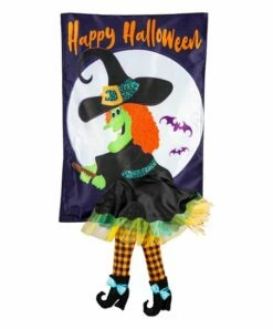 Flash Sale 😉 Evergreen Purple 'Happy 🧛 Halloween' Flying Witch Feet-Accent Outdoor Flag ✔️