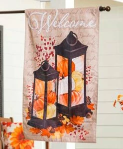Best Sale 🎉 Evergreen Orange 'Welcome' Pumpkin Lanterns House Burlap Flag 💯