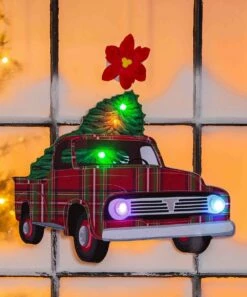 Outlet 🎉 Evergreen Red Plaid 🎁 Christmas Truck LED Window Décor 🤩
