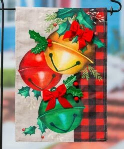 Best Pirce 🎁 Evergreen Red & Green Plaid ❄ Christmas Bell Trio Burlap Outdoor Flag 😀