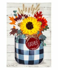Promo 😀 Evergreen Blue & Yellow Check Mason Jar Floral Outdoor Flag 👏