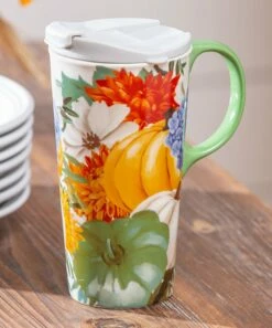 Hot Sale ❤️ Evergreen Orange & Red Pumpkin Floral 17-Oz. Travel Mug 🔔