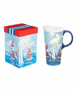 Best reviews of ⭐ Evergreen Blue & White Sailboat Seas Ceramic 17-Oz. Travel Mug ✨