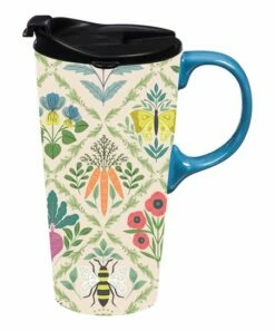 Budget ⌛ Evergreen Green & Cream Garden Pattern 17-Oz. Travel Mug & Gift Box 🥰