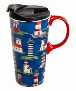 Wholesale 🥰 Evergreen Navy & Red Lighthouses 17-Oz. Travel Mug & Box Set 🔥