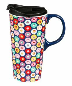 Hot Sale 🔔 Evergreen Blue & Pink Multicolor Floral 17-Oz. Travel Mug & Gift Box 🥰
