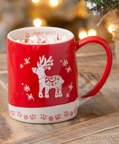Wholesale β¨ Evergreen Red & White 'Jingle Bells' Reindeer Mug π§¨