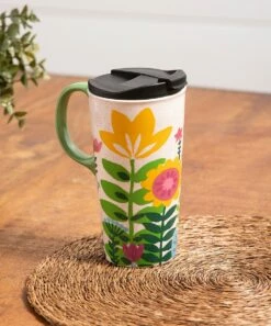 Cheapest 🛒 Evergreen Green & Yellow Primitive Floral 17-Oz. Travel Mug & Box Set 💯