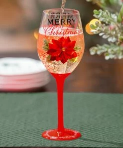 Best Pirce 🔥 Evergreen Red Poinsettia 'Merry ❄ Christmas' Stemmed Wine Glass & Box Set 💯