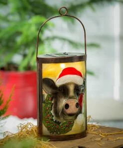 Best Pirce 🔔 Evergreen Black & Red Santa Hat Cow Solar Glass Lantern 🔔