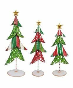 Budget 🤩 Evergreen Red & Green Patchwork Tree Statue - Set Of Three 🧨