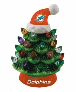Hot Sale ⌛ Evergreen Miami Dolphins Green Tree & Santa Hat LED Light-Up Ornament ✔️