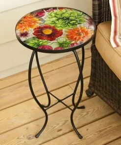 Promo 👍 Evergreen Gerbera Daisy Glass Side Table 🔥