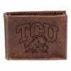 New ❤️ Evergreen TCU Horned Frogs Brown Leather Bi-Fold Wallet 🔔