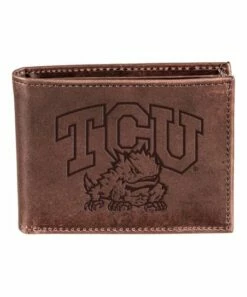 New ❤️ Evergreen TCU Horned Frogs Brown Leather Bi-Fold Wallet 🔔