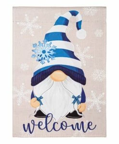 Buy 🛒 Evergreen Blue & White 'Welcome' Winter Gnome Outdoor Garden Flag 😉