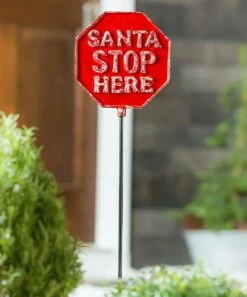 Coupon 🔔 Evergreen Red 'Santa Stops Here' Distressed Metal Garden Stake 🥰