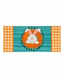 New 👍 Evergreen Orange & Teal Rabbit Carrot Wreath Switch Doormat ✔️