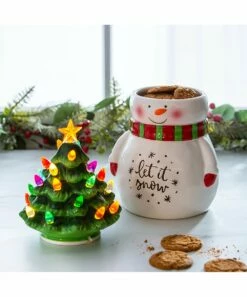 Deals 😉 Evergreen White & Green LED Light-Up Snowman Cookie Jar 👍 -Outlet Evergreen Shop zu109730207 alt 2 tm1666963480