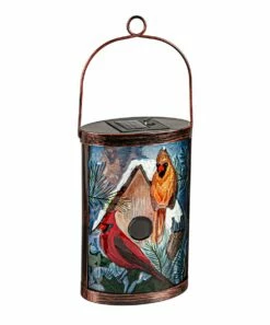 Discount 🌟 Evergreen Bronze & Red Winter Cardinal Couple Glass Solar Lantern 🌟