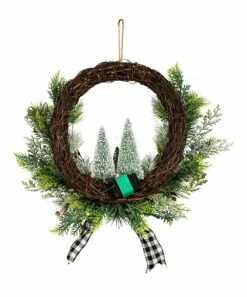 Coupon 🌟 Evergreen Green & White Buffalo Check Bottle Brush Tree LED Bow Wreath 🔔 -Outlet Evergreen Shop zu110664763 alt 2 tm1668712925