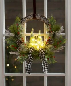 Coupon 🌟 Evergreen Green & White Buffalo Check Bottle Brush Tree LED Bow Wreath 🔔