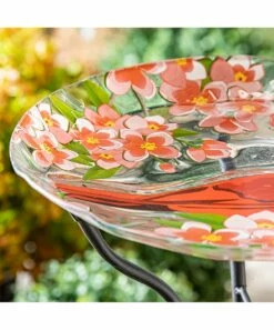 Best Sale ⭐ Evergreen Red Floral Cardinal Embossed Glass Bird Bath Bowl 😉 -Outlet Evergreen Shop zu110934846 alt 2 tm1670551035