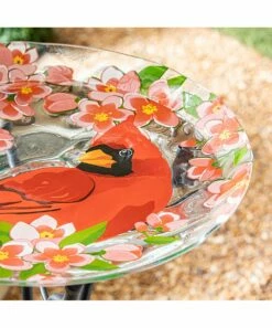 Best Sale ⭐ Evergreen Red Floral Cardinal Embossed Glass Bird Bath Bowl 😉 -Outlet Evergreen Shop zu110934846 alt 3 tm1670551035