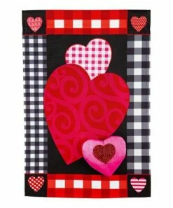 Best deal ⌛ Evergreen Pink & Black Gingham Hearts Outdoor Flag 🔔