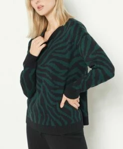 New 🥰 J Jason Wu Evergreen Tiger Stripe Jacquard Crewneck Sweater - 👩 Women & Plus 😀