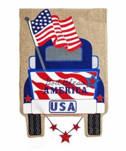 Promo ⭐ Evergreen Patriotic Pick-Up Truck Burlap Outdoor Flag 🎁 -Outlet Evergreen Shop zu46079948 alt 2 tm1644001128