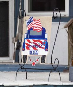 Promo ⭐ Evergreen Patriotic Pick-Up Truck Burlap Outdoor Flag 🎁