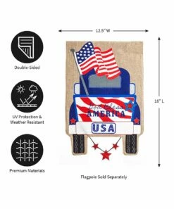 Promo ⭐ Evergreen Patriotic Pick-Up Truck Burlap Outdoor Flag 🎁 -Outlet Evergreen Shop zu46079948 alt 3 tm1644001128