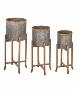 New 🎁 Evergreen Corrugated Galvanized Metal Planters With Wooden Stand, Set Of 3 🎁 -Outlet Evergreen Shop zu82964959 alt 1 tm1658420912