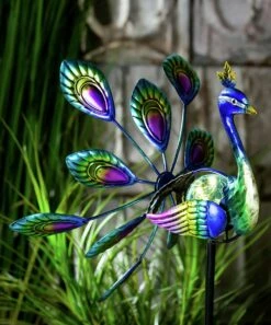 Deals 🤩 Evergreen Blue Peacock Solar Wind Spinner Stake 👏