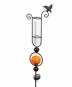 Best Pirce 😀 Evergreen Orange Solar Rain Gauge Garden Stake 🥰