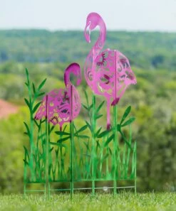 Best Pirce 👍 Evergreen Flamingo Colored Metal Panel Garden Stake Set 🎁